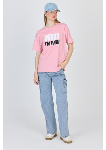 Pembe Yazı Baskılı %100 Pamuk Oversize Tişört 2150-7M modelleri