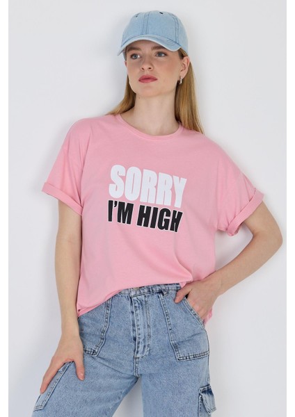 Pembe Yazı Baskılı %100 Pamuk Oversize Tişört 2150-7M fırsatları