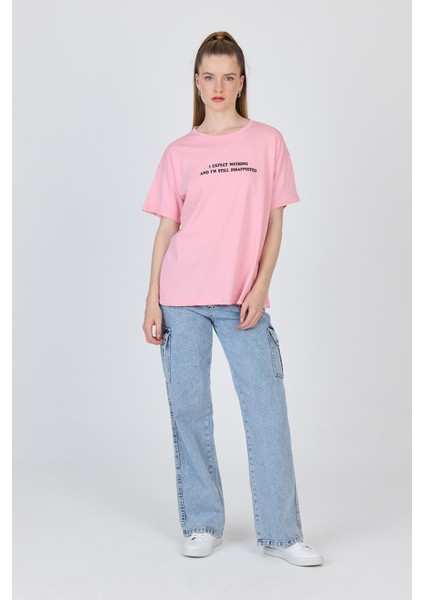 Pembe Yazı Baskılı %100 Pamuk Oversize Tişört 2150-8M modelleri