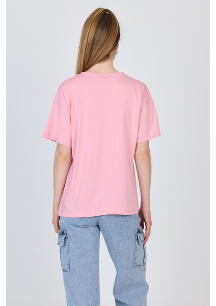 Pembe Yazı Baskılı %100 Pamuk Oversize Tişört 2150-8M indirimleri