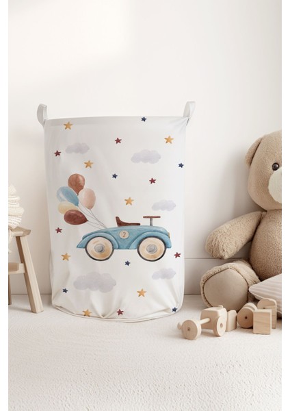 Sevimli Araba ve Balon Desenli Çocuk ve Bebek Odası Düzenleyici Oyuncak Veya Kirli Sepeti TLAS-304