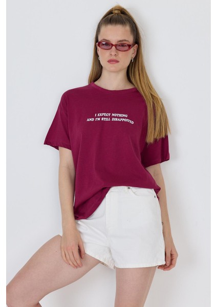 Bordo Yazı Baskılı %100 Pamuk Oversize Tişört 2150-8M