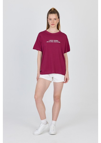 Bordo Yazı Baskılı %100 Pamuk Oversize Tişört 2150-8M fiyatları
