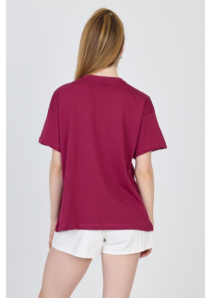 Bordo Yazı Baskılı %100 Pamuk Oversize Tişört 2150-8M indirimleri