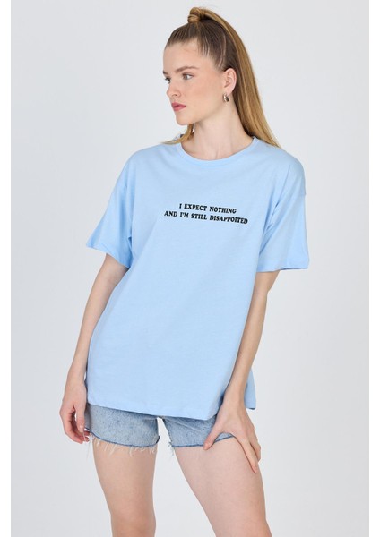 Mavi Yazı Baskılı %100 Pamuk Oversize Tişört 2150-8M