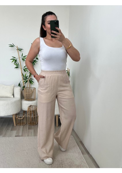 Krem Beli Lastikli Bol Pantolon