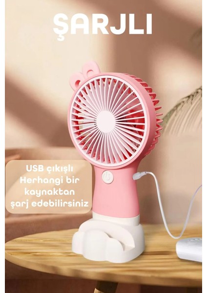 Şarjlı Telefon Standlı Mini El Fanı Sessiz Taşınabilir Masa Vantilatörü Pembe