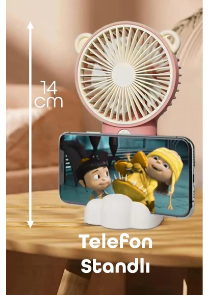 Şarjlı Telefon Standlı Mini El Fanı Sessiz Taşınabilir Masa Vantilatörü Pembe