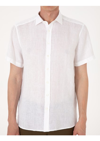 Erkek Beyaz %100 Keten Regular Fit Kısa Kollu Gömlek 50305680-VR013