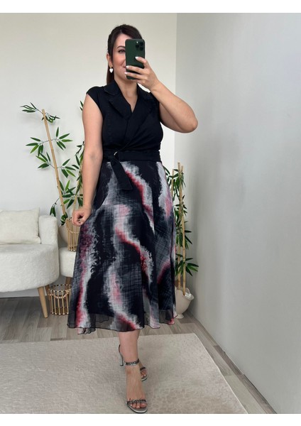 Siyah Eteği Şifon Kemer Detaylı Denim Elbise