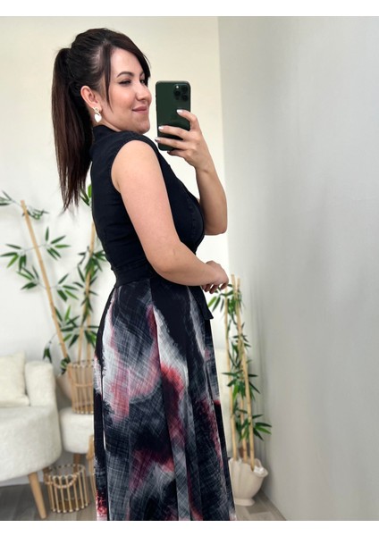 Siyah Eteği Şifon Kemer Detaylı Denim Elbise fiyatları