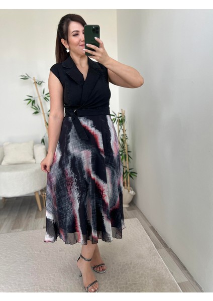 Siyah Eteği Şifon Kemer Detaylı Denim Elbise fırsatları