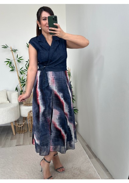Lacivert Eteği Şifon Kemer Detaylı Denim Elbise