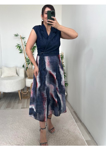 Lacivert Eteği Şifon Kemer Detaylı Denim Elbise fiyatları
