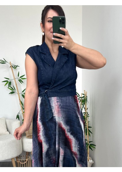 Lacivert Eteği Şifon Kemer Detaylı Denim Elbise modelleri