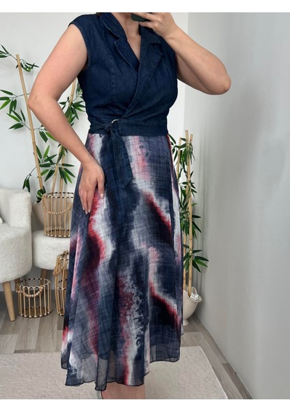 Lacivert Eteği Şifon Kemer Detaylı Denim Elbise fırsatları