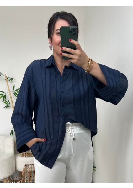 Lacivert Kimono Kol Gömlek