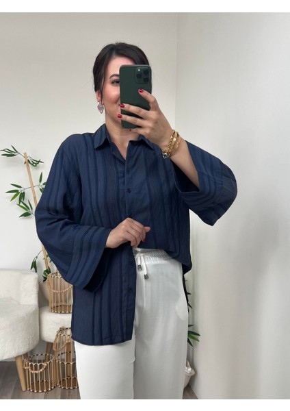 Lacivert Kimono Kol Gömlek