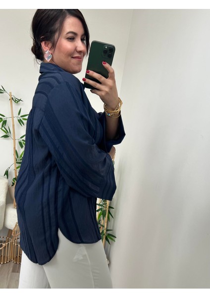 Lacivert Kimono Kol Gömlek