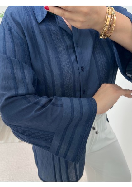 Lacivert Kimono Kol Gömlek