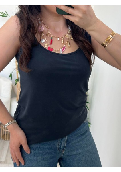 Antrasit Önü ve Arkası Kayık Yaka Kalın Askılı Atlet Badi