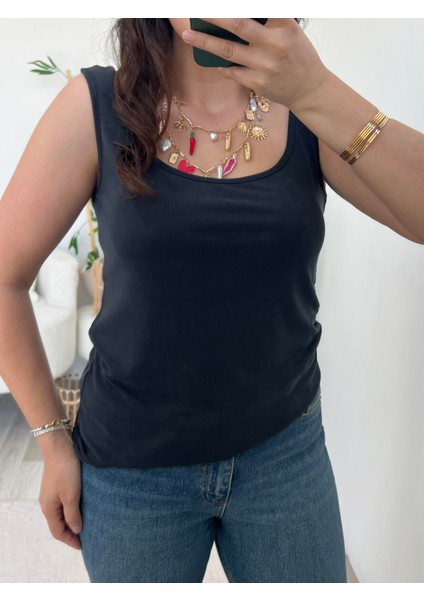 Antrasit Önü ve Arkası Kayık Yaka Kalın Askılı Atlet Badi modelleri