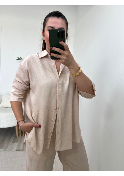 Krem Bermuda Kol Salaş Gömlek