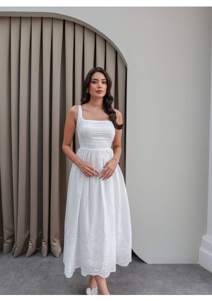 Kare Yaka Fisto Midi Elbise