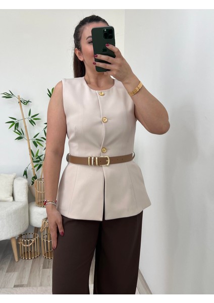 Krem Kemer Detaylı Lüx Yelek