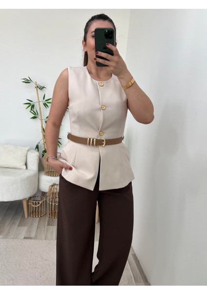 Krem Kemer Detaylı Lüx Yelek modelleri