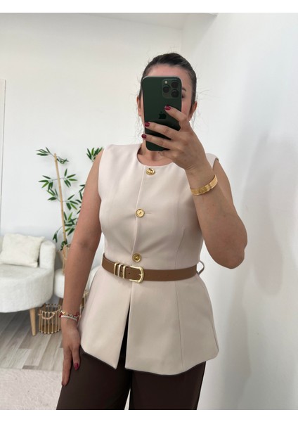 Krem Kemer Detaylı Lüx Yelek fırsatları