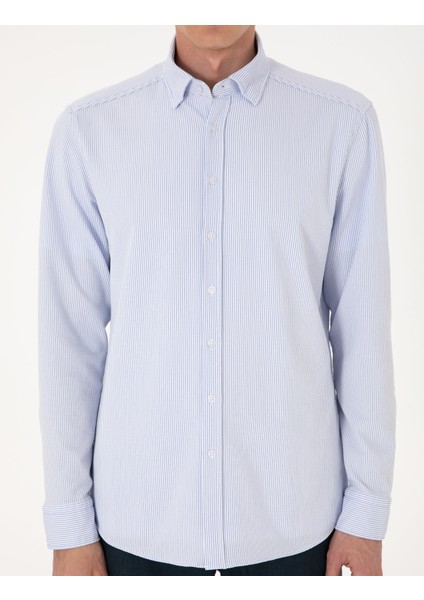 Erkek Açık Mavi Slim Fit Çizgili Uzun Kollu Gömlek 50307162-VR003