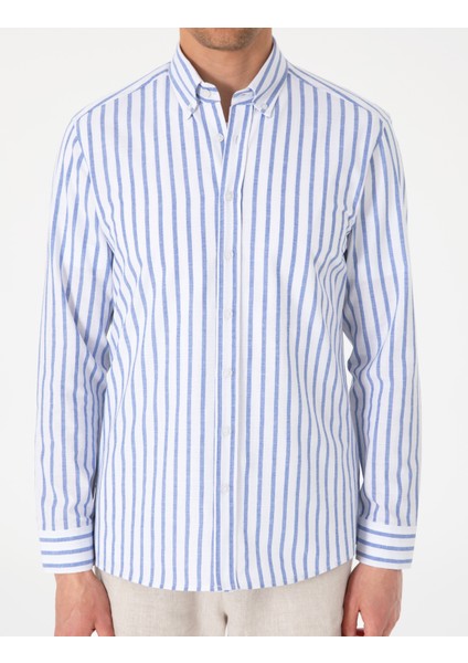 Erkek Lacivert Regular Fit Çizgili Uzun Kollu Gömlek 50307093-VR033