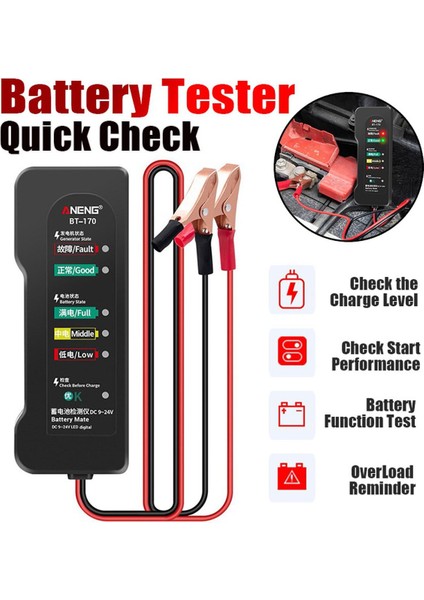Taşınabilir 12V Araç Akü Test Cihazı Dedektörü Oto Tamir Aracı ile Pil Aşırı Yük Hatırlatma Şarj Seviyesi Test Cihazı Pil Fonksiyonu Test Cihazı (Yurt Dışından)