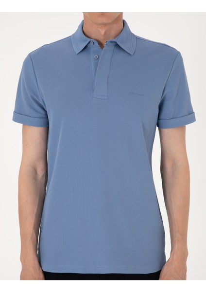Erkek Mavi Slim Fit %100 Pamuk Kıvrılmaz Amerikan Pike Polo Yaka Basic Tişört 50306154-VR036