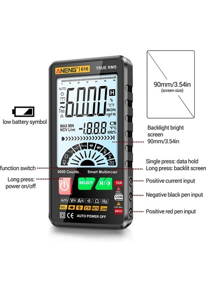 Büyük Ekran Dijital Multimetre 6000 Sayım Evrensel Metre Elektrik Test Cihazı Multitester Ac/dc Voltmetre Ampermetre Diyot Kapasite Direnç Ölçer (Yurt Dışından)