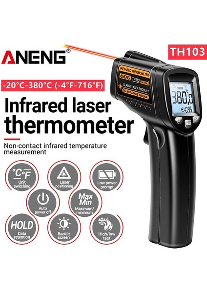 Aneng TH103 Lazer Kızılötesi Termometre Sıcaklık Sensörü Test Tabancası -20°C~380°C Endüstriyel Isı Borusu Test Aracı (Pilsiz) (Yurt Dışından)