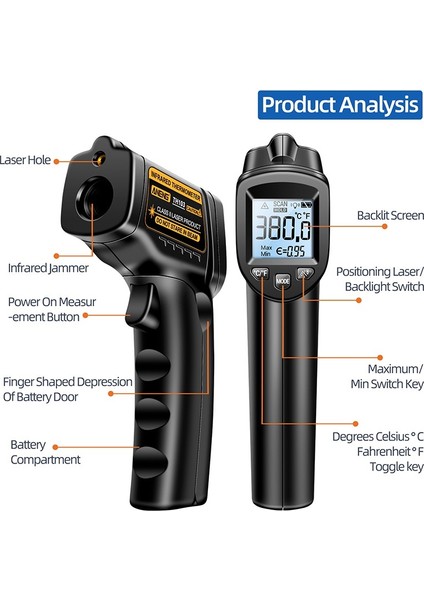 Aneng TH103 Lazer Kızılötesi Termometre Sıcaklık Sensörü Test Tabancası -20°C~380°C Endüstriyel Isı Borusu Test Aracı (Pilsiz) (Yurt Dışından)