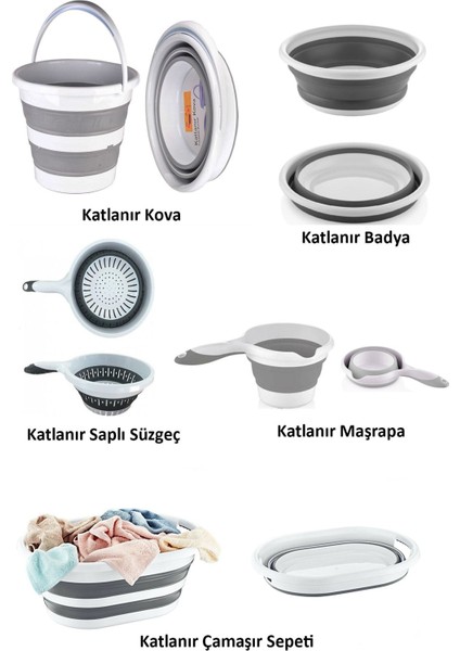 5'li Katlanır Banyo Mutfak Seti Katlanır Çamaşır Sepeti Kova Maşrapa Süzgeç Badya (Leğen)