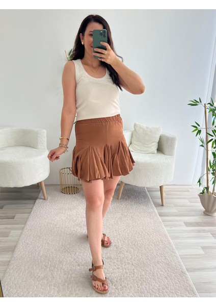 Kahverengi Şort Astarlı Pileli Etek