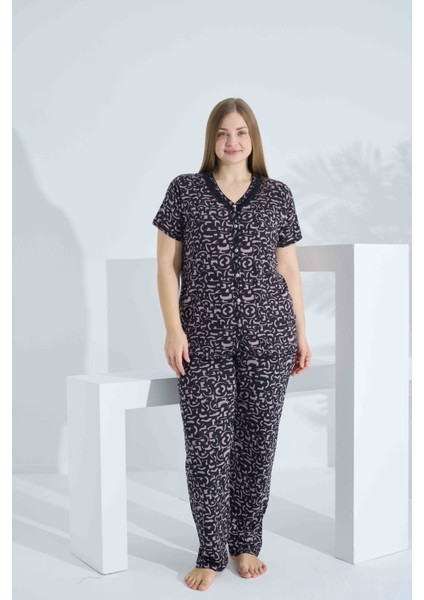 Bambu Kısa Kol Düğmeli Büyük Beden Kadın Pijama Takımı 74058
