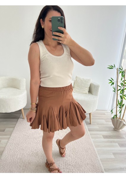 Kahverengi Şort Astarlı Pileli Etek