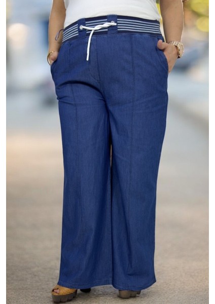 Kapamasız Beli Lastikli Ince Kot Kumaş Çımalı Büyük Beden Pantolon