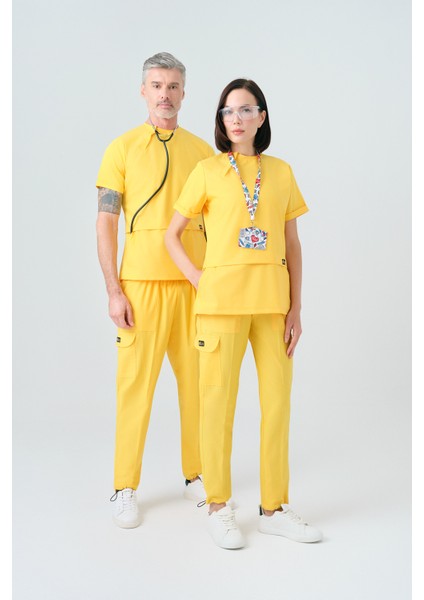 Sarı Zero Best Likra Scrubs Takım Çift Yönlü Esnek Kumaş Doktor Hemşire Üniforması