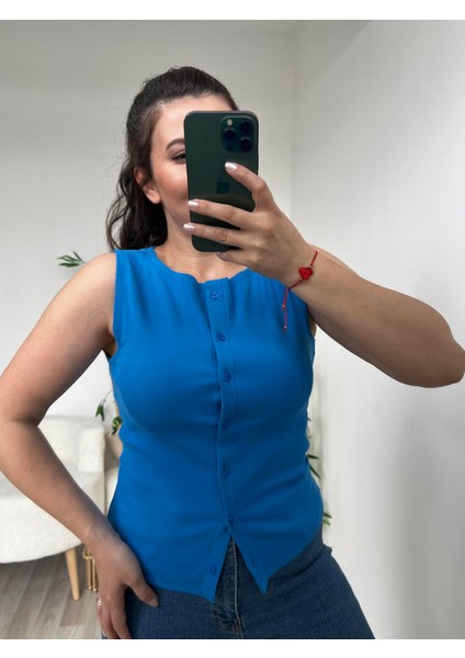 Dilvin Mavi Fitilli Önü Düğme Kapamalı Bluz