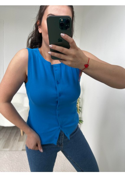 Dilvin Mavi Fitilli Önü Düğme Kapamalı Bluz