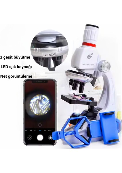 Taşınabilir LED Işıklı Mikroskop 1200X Eğitim Amaçlı Set Hazır Örnekler Hediyeli