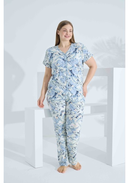 Bambu Kısa Kol Düğmeli Büyük Beden Kadın Pijama Takımı 74057