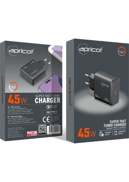 APC-U445/B 45W Gan Siyah Hızlı Ev Şarj Adaptörü
