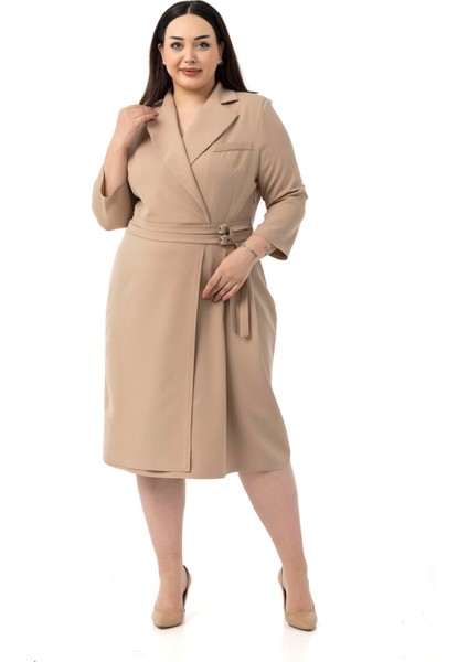 Büyük Beden Kruvaze Yaka Truvakar Kol Pileli Midi Vizon Elbise